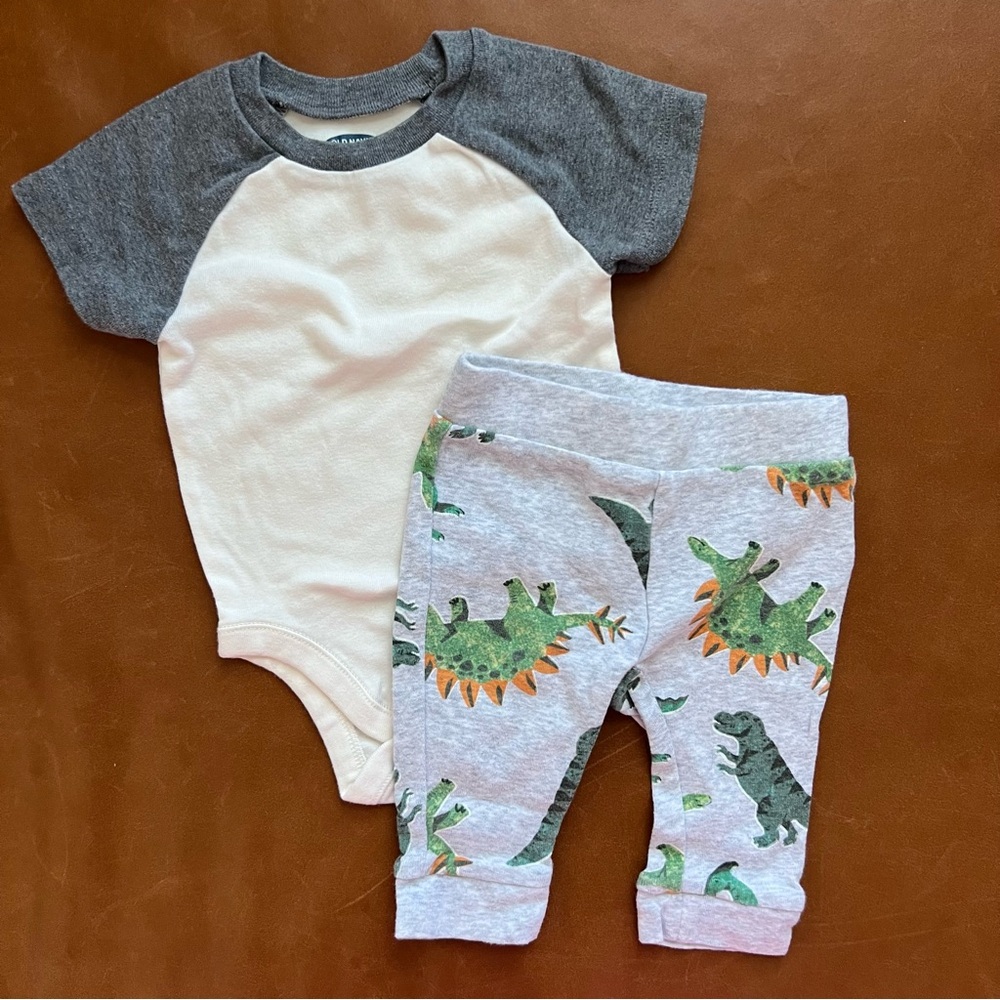 OLD NAVY Dino Pants and Baseball Sleeve Oneise, 3-6mo